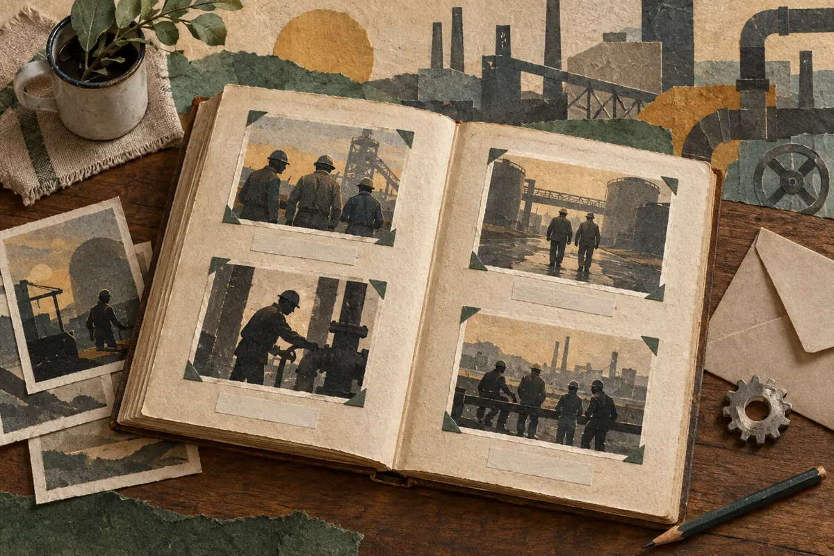 Ilustracja otwartego rodzinnego albumu z fotografiami i pamiątkami związanymi z pracą w przemyśle.