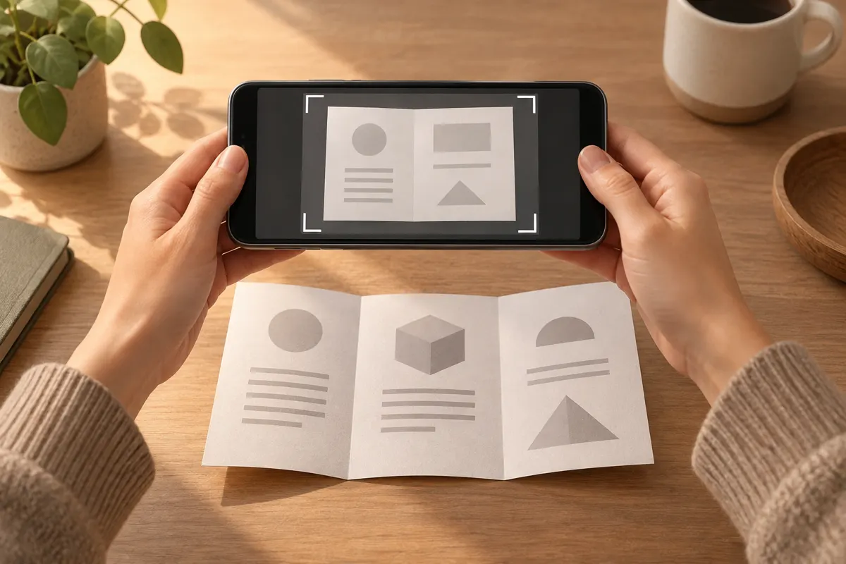 Ilustracja telefonu skanującego papierową instrukcję na stole.